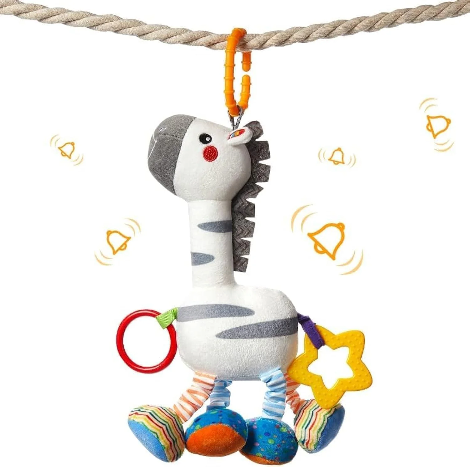 آویز اسباب بازی کالسکه نوزاد، اسباب بازی های آویز نرم نوزاد، حیوانات پولیشی جغجغه ای و صدای خش خش، اسباب بازی های صندلی ماشین و کالسکه، اسباب بازی گیره دار صندلی ماشین و کالسکه، اسباب بازی های پولیشی حسی برای نوزاد (گورخر)