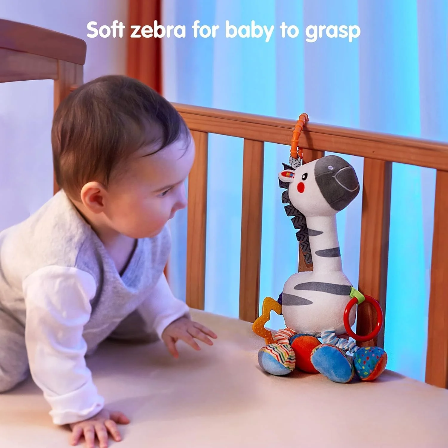 آویز اسباب بازی کالسکه نوزاد، اسباب بازی های آویز نرم نوزاد، حیوانات پولیشی جغجغه ای و صدای خش خش، اسباب بازی های صندلی ماشین و کالسکه، اسباب بازی گیره دار صندلی ماشین و کالسکه، اسباب بازی های پولیشی حسی برای نوزاد (گورخر)