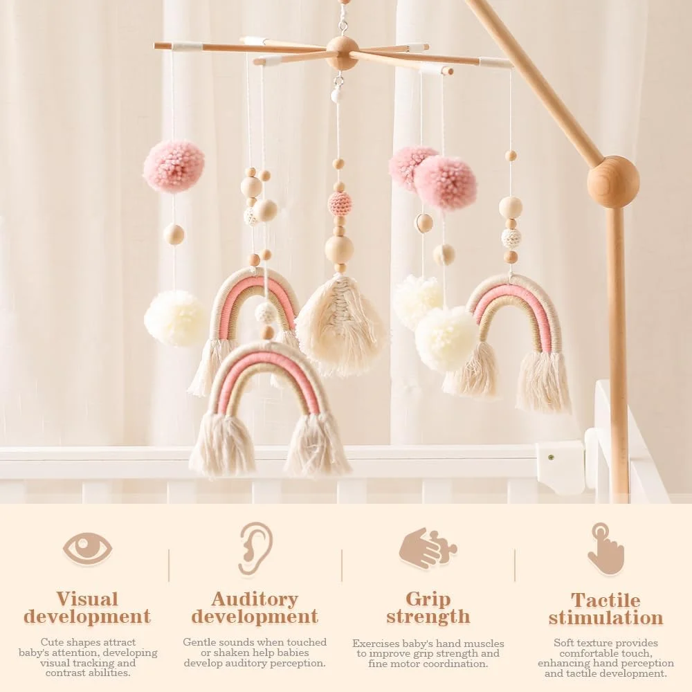 آویز تخت نوزاد چوبی با توپ های نمدی، آویز موزیکال و جغجغه، مناسب برای اتاق کودک دختر و پسر (آویز صورتی)