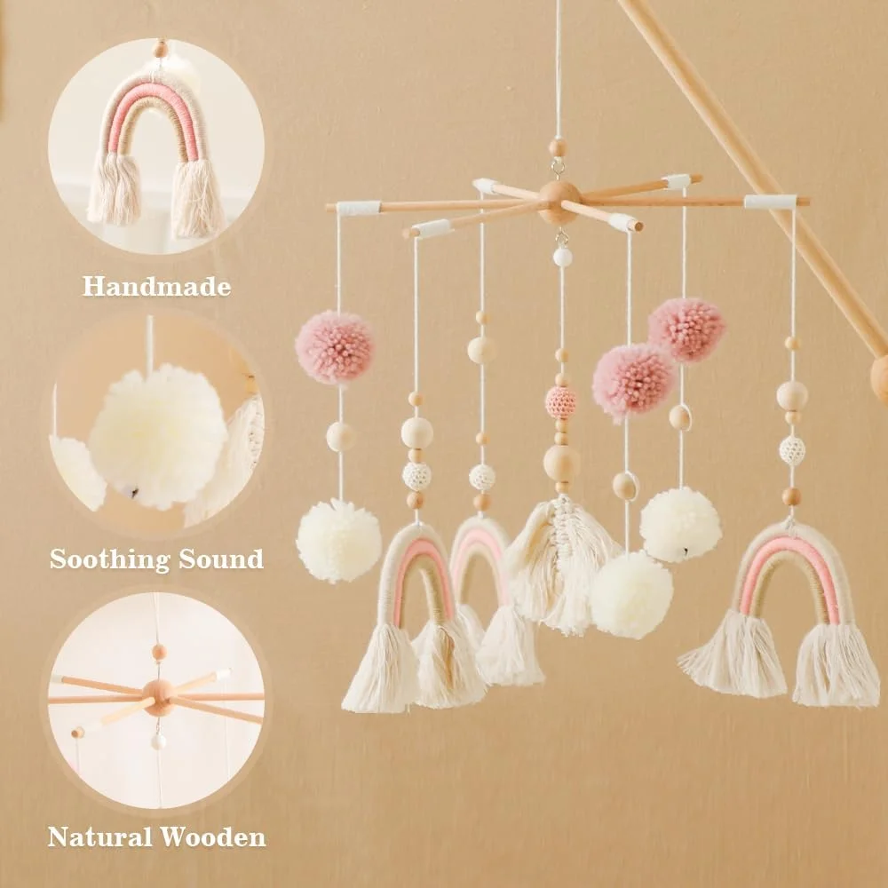 آویز تخت نوزاد چوبی با توپ های نمدی، آویز موزیکال و جغجغه، مناسب برای اتاق کودک دختر و پسر (آویز صورتی)