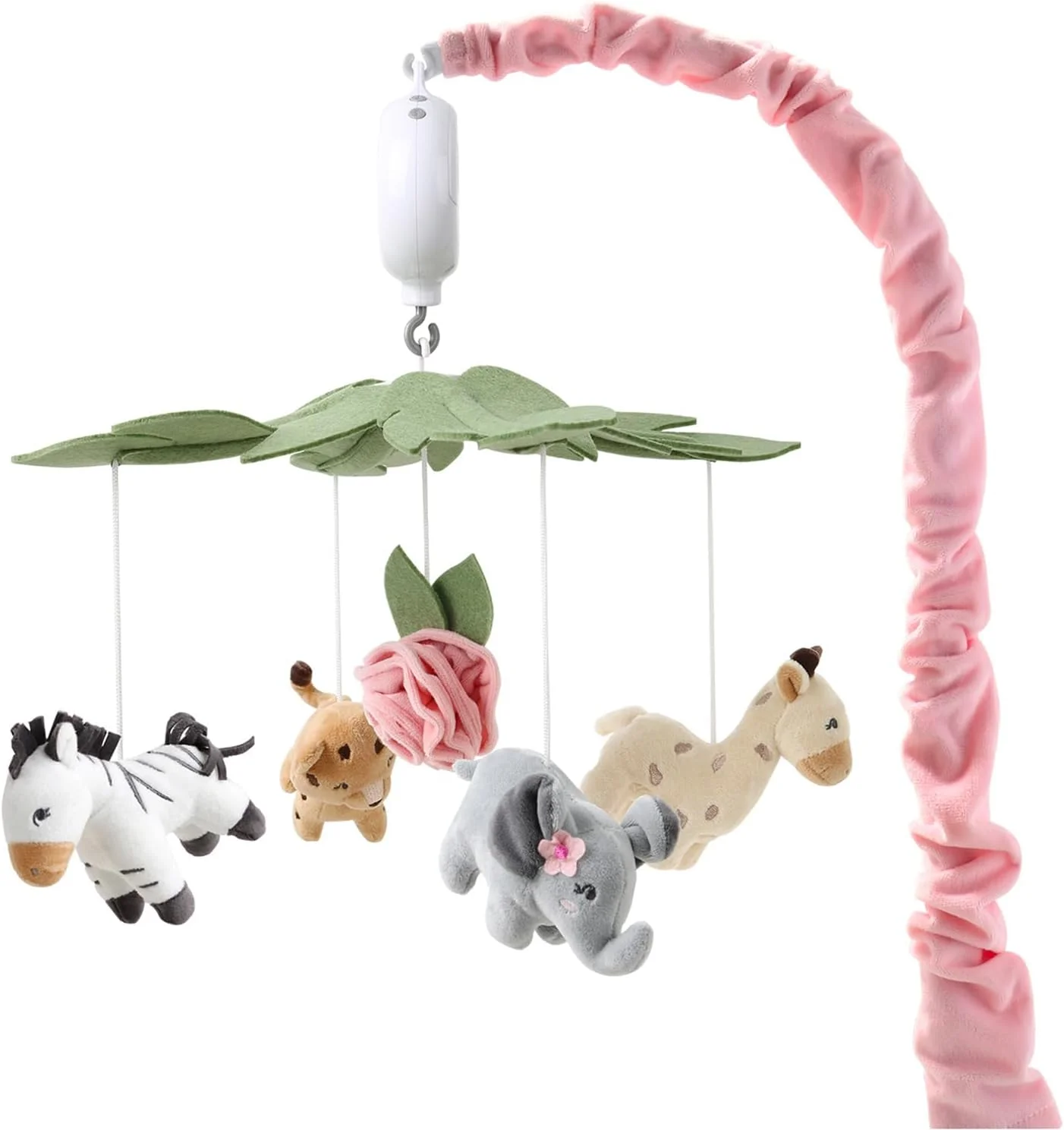 آویز تخت نوزاد پیناتشل طرح سافاری، موبایل موزیکال نوزاد، دکوراسیون اتاق کودک با طرح فیل، زرافه و گورخر، آویزهای گل