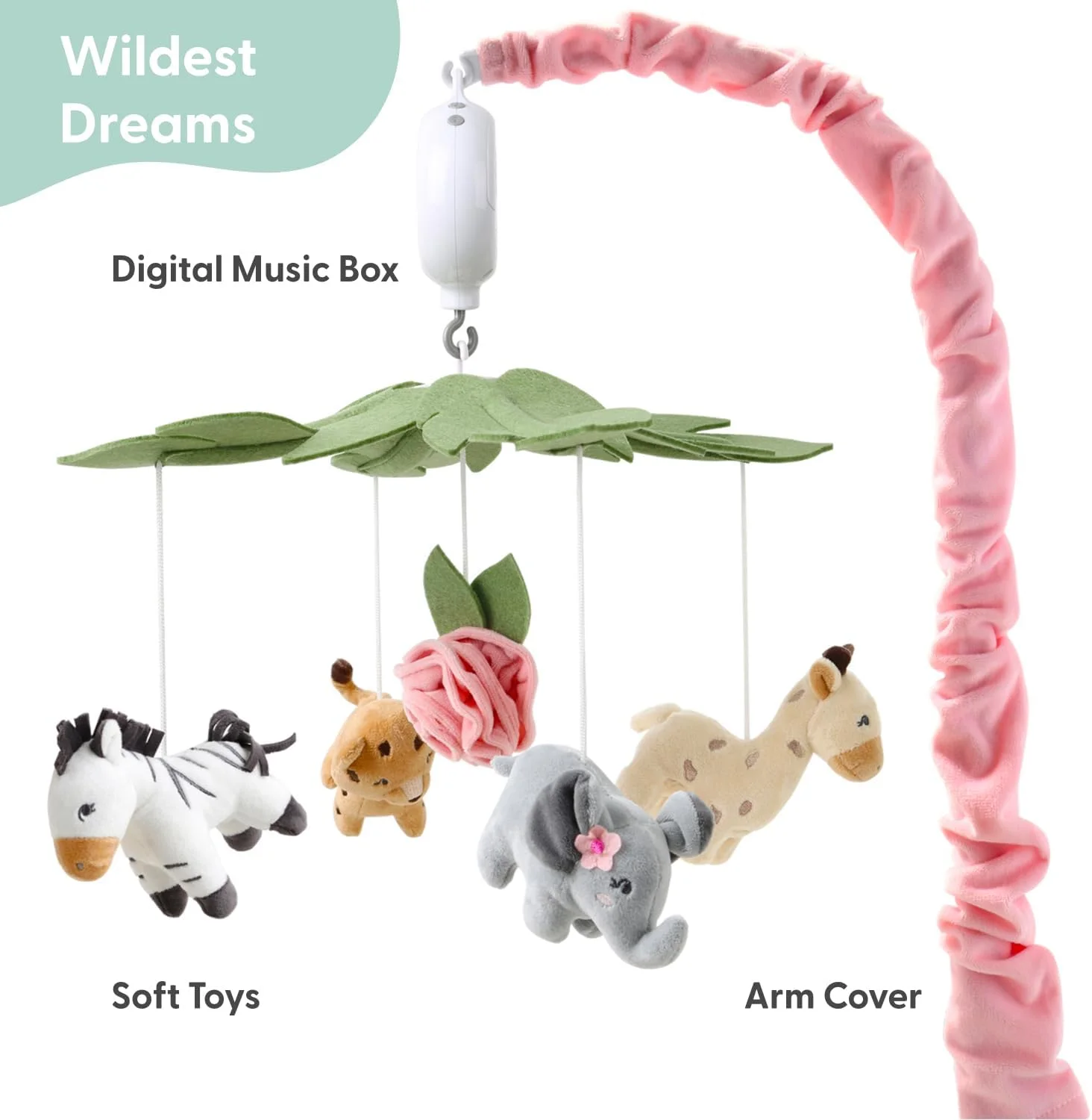 آویز تخت نوزاد پیناتشل طرح سافاری، موبایل موزیکال نوزاد، دکوراسیون اتاق کودک با طرح فیل، زرافه و گورخر، آویزهای گل