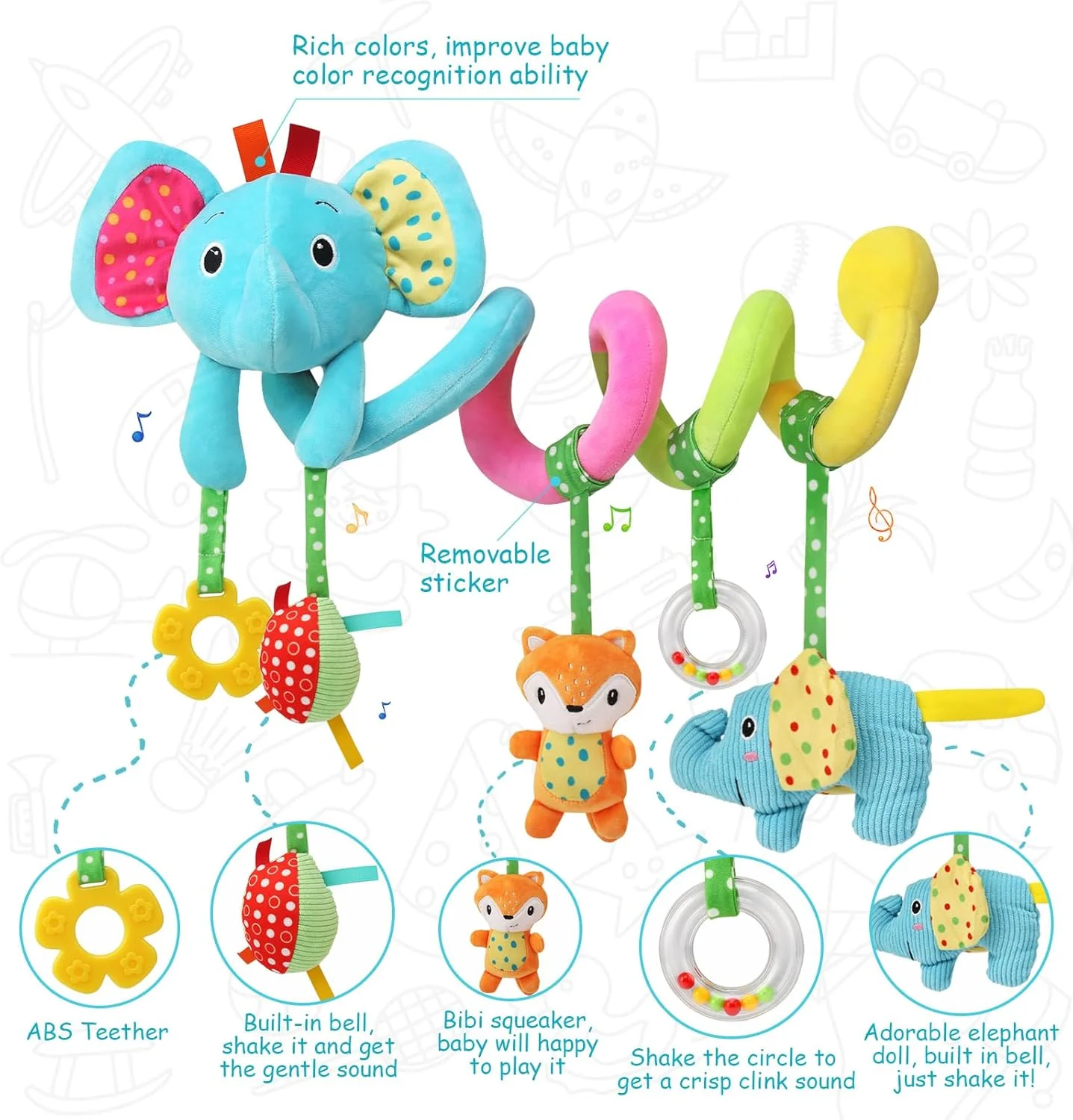 آویز تخت نوزاد طرح فیل آبی، اسباب بازی فنری فعالیت برای آویزان کردن، اسباب بازی آویز صندلی ماشین و تخت نوزاد مناسب نوزادان و کودکان نوپا پسر و دختر از 0+ ماهگی