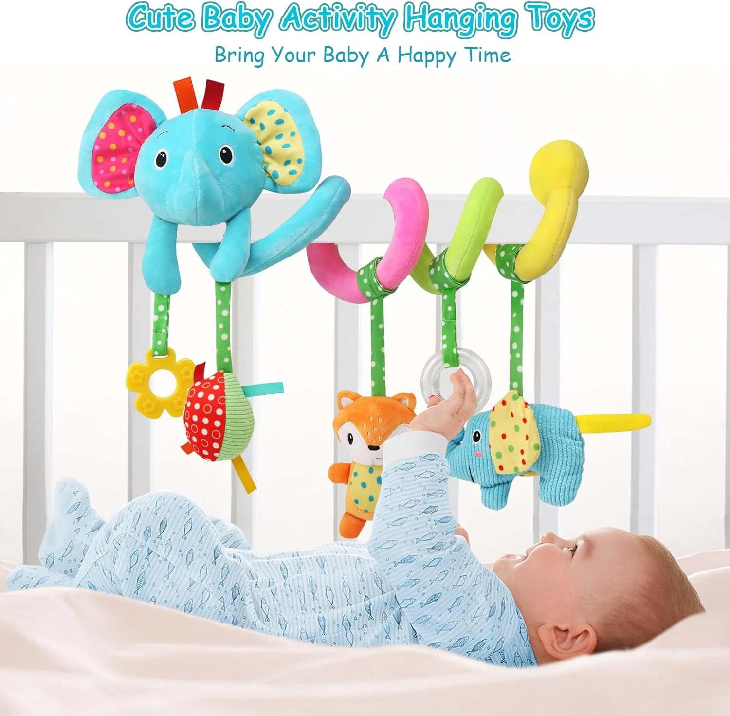 آویز تخت نوزاد طرح فیل آبی، اسباب بازی فنری فعالیت برای آویزان کردن، اسباب بازی آویز صندلی ماشین و تخت نوزاد مناسب نوزادان و کودکان نوپا پسر و دختر از 0+ ماهگی