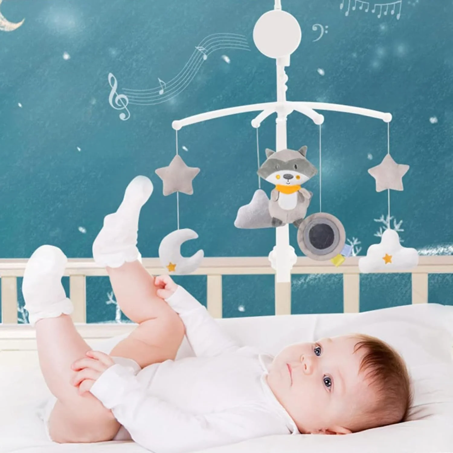 آویز تخت نوزاد، آویز موزیکال تخت خواب کودک پسرانه و دخترانه | آویز بادی حیوانات با صداهای ملودیک برای کالسکه، اتاق بازی، اتاق خواب، خرید و مهد کودک