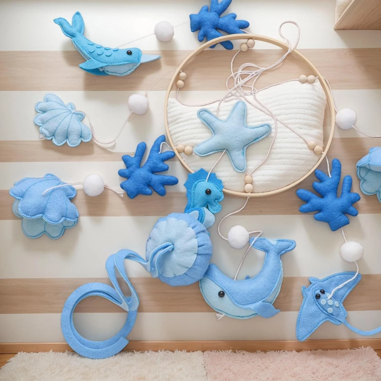 آویز بالای تخت نوزاد | زنگ آرامش بخش تخت کودک نوپا | اسباب بازی توسعه حسی با تم دریایی برای کالسکه، مهد کودک، والدین جدید، پارک بازی، سقف، وسایل عکس برداری، اتاق کودک