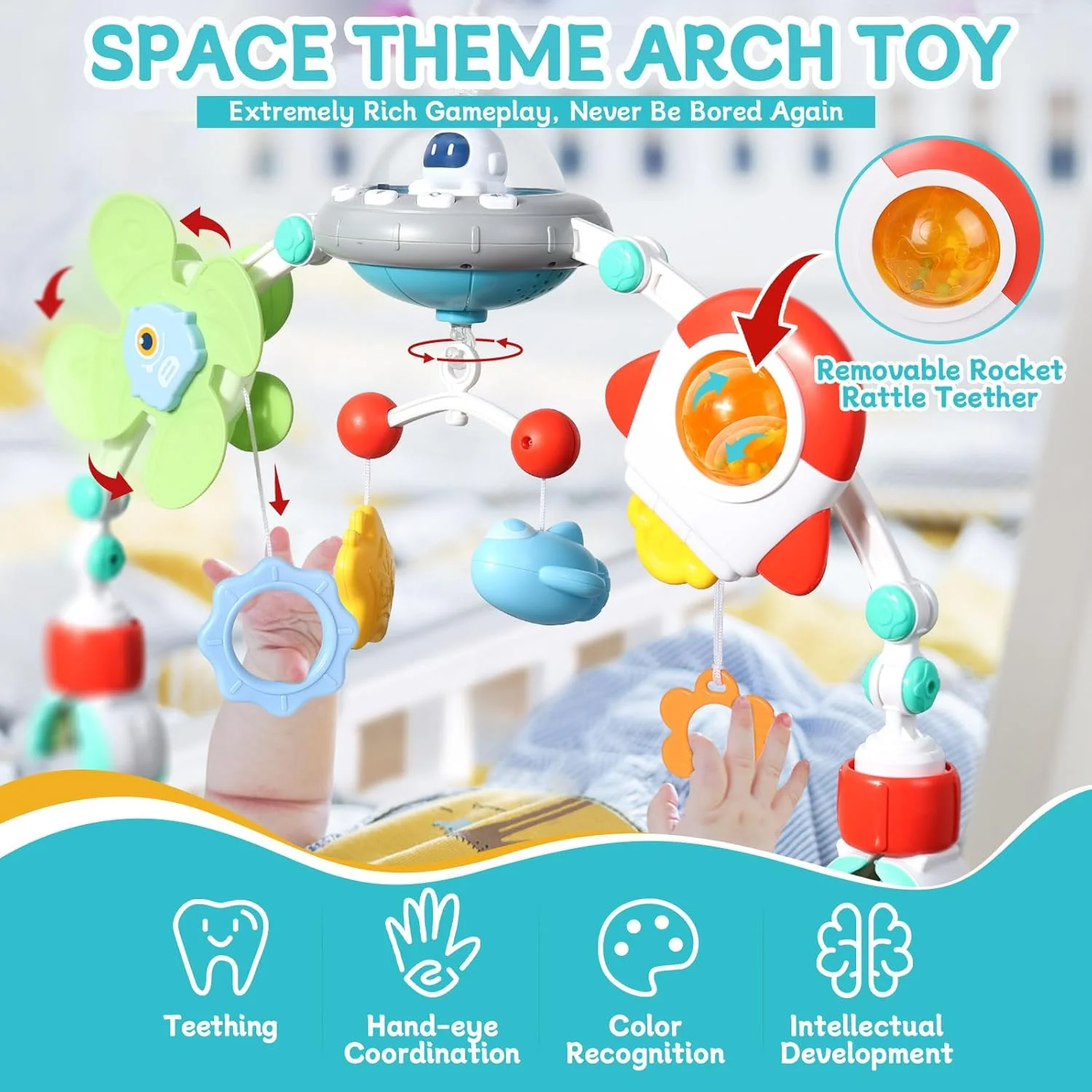 آویز اسباب بازی کمانی کالسکه Orzbow برای نوزاد، آویز موزیکال صندلی ماشین با دندانگیر، آویز تخت برای تخت نوزاد، کریر و صندلی بادی، اسباب بازی فعالیت صندلی ماشین برای نوزادان 0-12 ماه