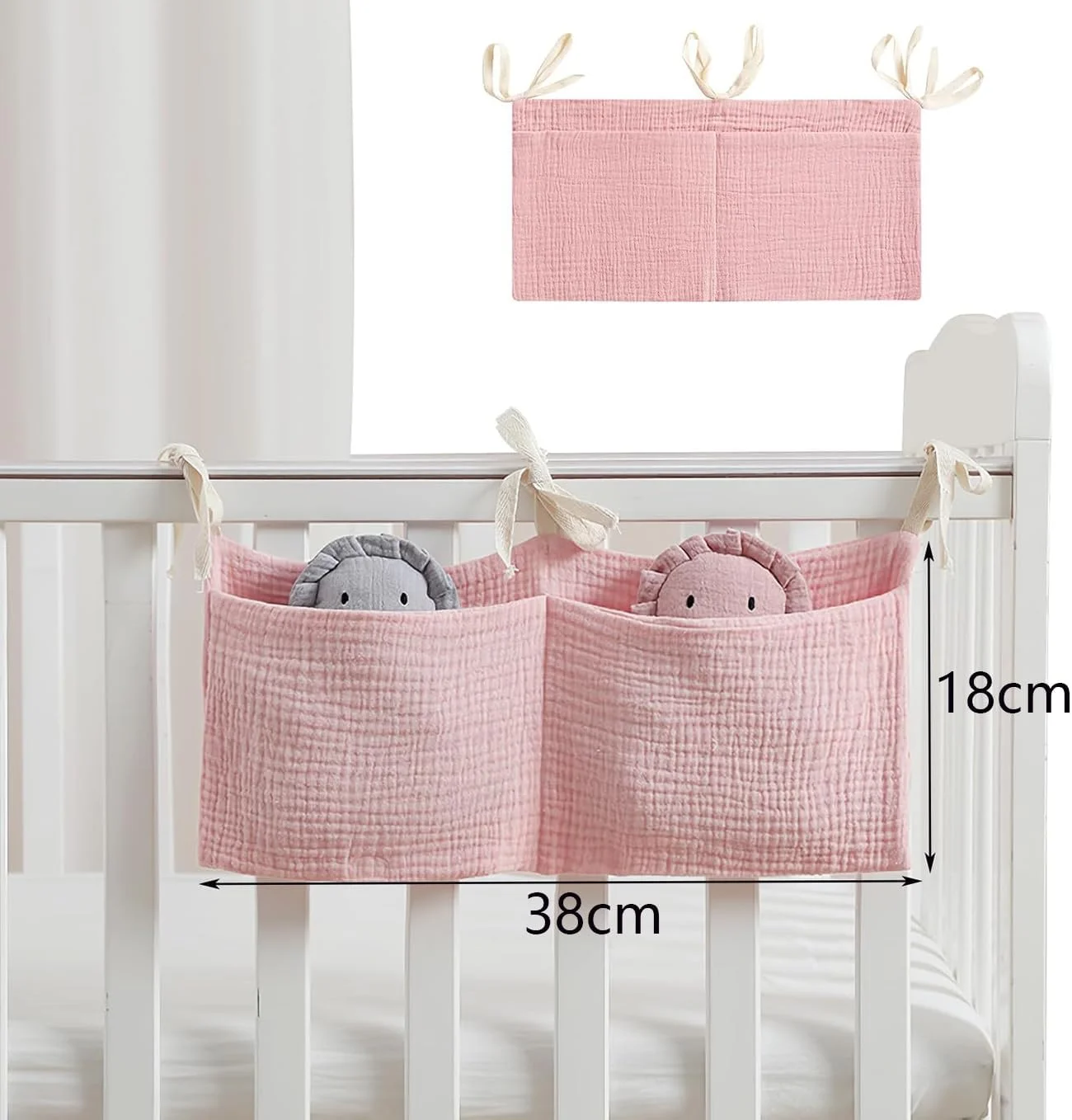 ارگانایزر تخت نوزاد، ارگانایزر میز تعویض، ارگانایزر تخت نوزاد با جیب های دوتایی، جای پوشک نوزاد، ارگانایزر آویز لباس، کیف نگهداری تخت نوزاد برای پوشک، اسباب بازی، لباس (صورتی)