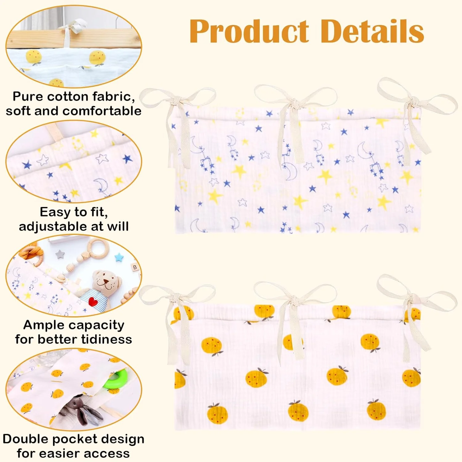 ارگانایزر آویز تخت نوزاد، 2 عدد ارگانایزر تخت نوزاد، ارگانایزر کنار تخت نوزاد، ارگانایزر آویز تخت کودک با 2 جیب، کیف نگهداری تخت نوزاد برای پوشک، لباس، اسباب بازی