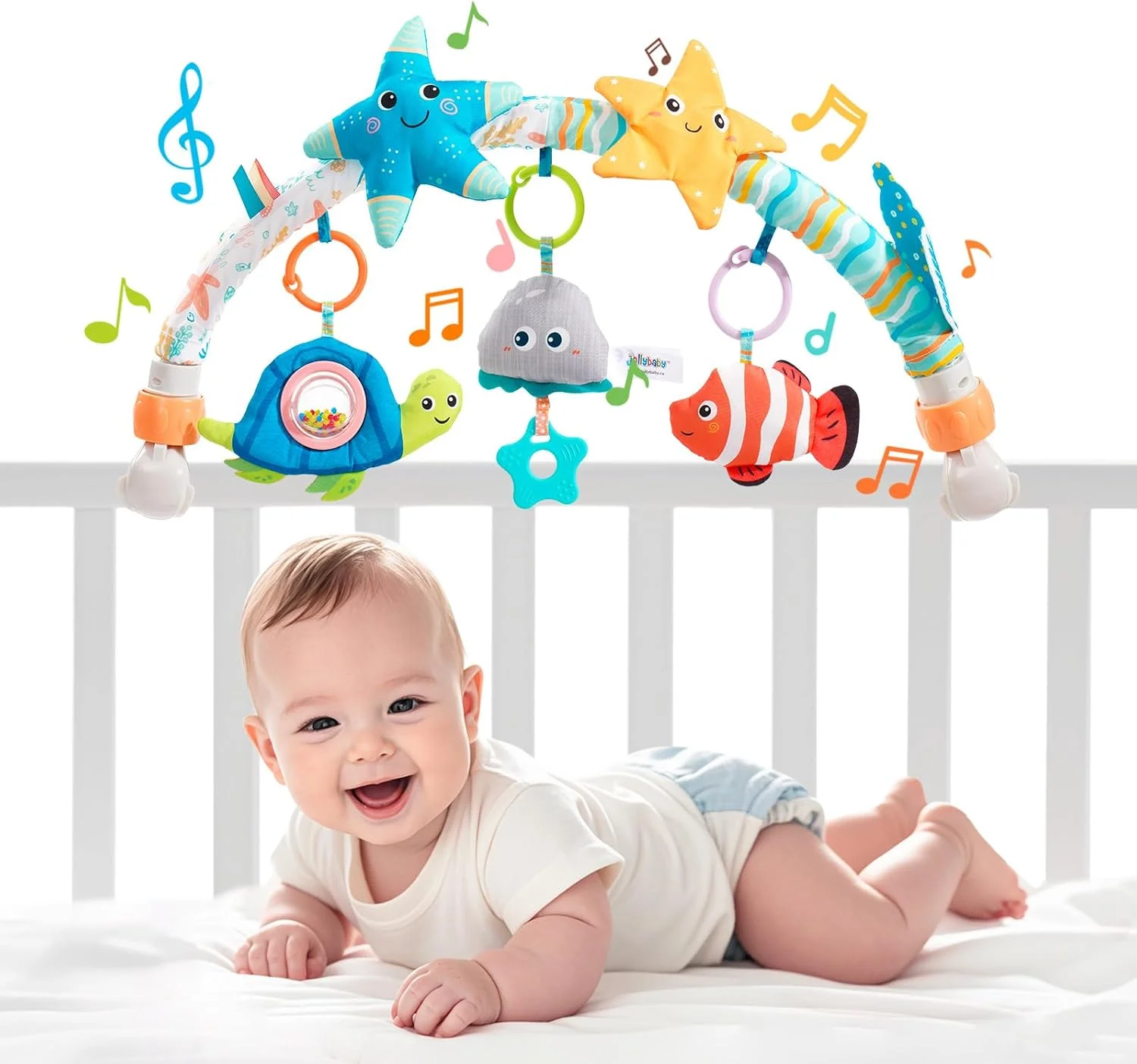 آویز تخت موزیکال جولی بیبی مناسب برای نوزادان 0-6-12 ماهه، اسباب بازی آویز کمانی با گیره برای تخت نوزاد با قابلیت پخش موسیقی، اسباب بازی متحرک حسی مونته سوری مناسب برای هدیه نوزاد - ستاره دریایی