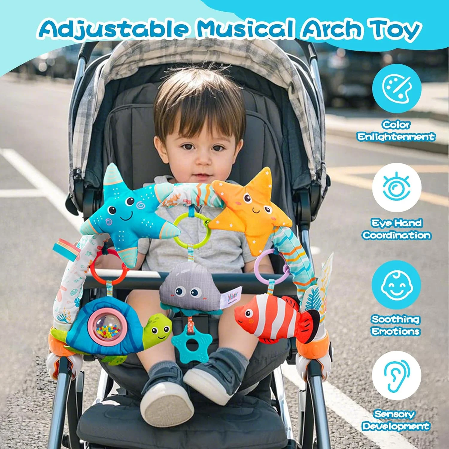 آویز تخت موزیکال جولی بیبی مناسب برای نوزادان 0-6-12 ماهه، اسباب بازی آویز کمانی با گیره برای تخت نوزاد با قابلیت پخش موسیقی، اسباب بازی متحرک حسی مونته سوری مناسب برای هدیه نوزاد - ستاره دریایی