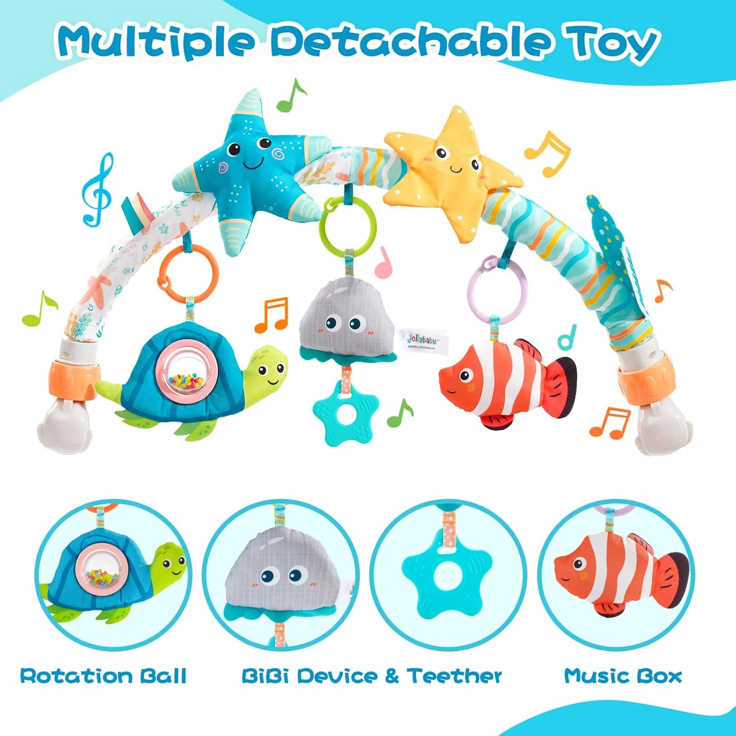 آویز تخت موزیکال جولی بیبی مناسب برای نوزادان 0-6-12 ماهه، اسباب بازی آویز کمانی با گیره برای تخت نوزاد با قابلیت پخش موسیقی، اسباب بازی متحرک حسی مونته سوری مناسب برای هدیه نوزاد - ستاره دریایی