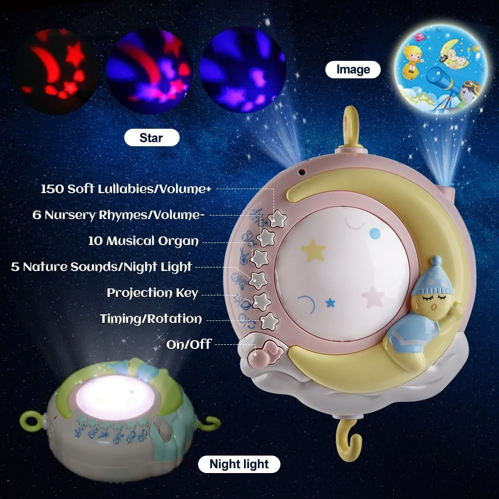 موبایل تخت نوزاد مینی تودو با قابلیت پخش موسیقی، پروژکتور و نور، آویزهای چرخشی و جعبه موسیقی کنترل از راه دور با 150 ملودی، اسباب بازی برای نوزاد 0-24 ماهه