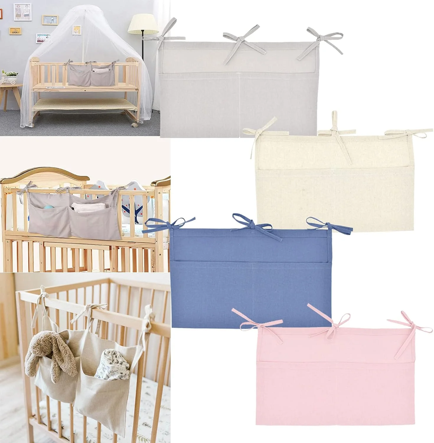 بسته 2 عددی کیف های ذخیره سازی تخت نوزاد، کیف تخت نوزاد، کیف تخت، تخت نوزاد، سازمان دهنده آویز تخت کودک برای پوشک، اسباب بازی، لباس (صورتی)