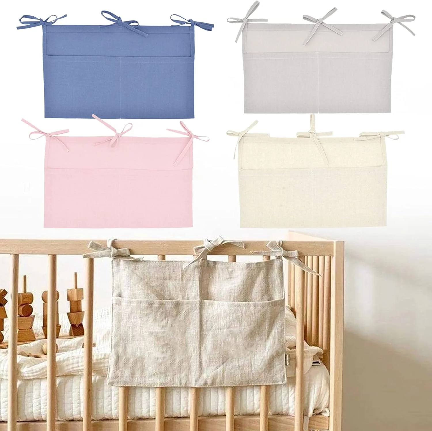 بسته 2 عددی کیف های ذخیره سازی تخت نوزاد، کیف تخت نوزاد، کیف تخت، تخت نوزاد، سازمان دهنده آویز تخت کودک برای پوشک، اسباب بازی، لباس (صورتی)