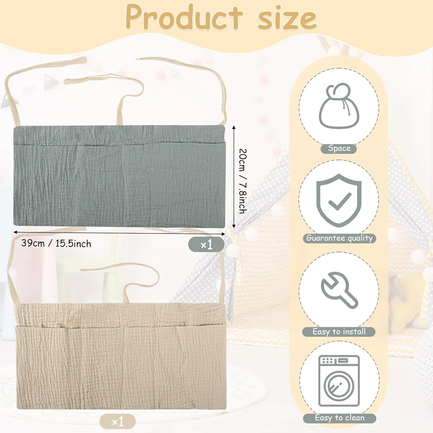 آویز نظم دهنده تخت کودک 2 عددی، آویز اتاق کودک، نظم دهنده تخت کودک، کیف نگهداری تخت کودک، برای پوشک، لباس، اسباب بازی (سبز لوبیا + خاکی)