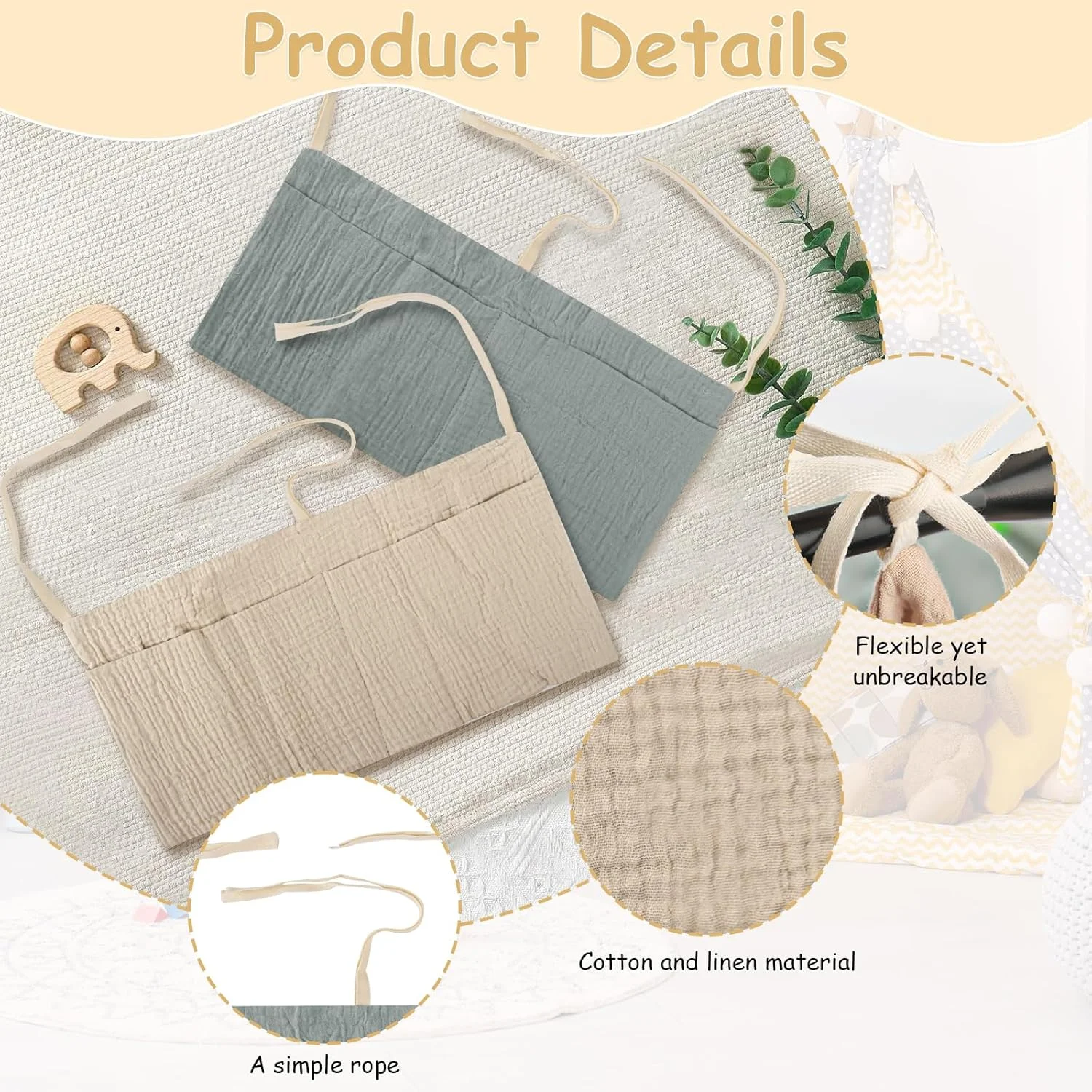 آویز نظم دهنده تخت کودک 2 عددی، آویز اتاق کودک، نظم دهنده تخت کودک، کیف نگهداری تخت کودک، برای پوشک، لباس، اسباب بازی (سبز لوبیا + خاکی)