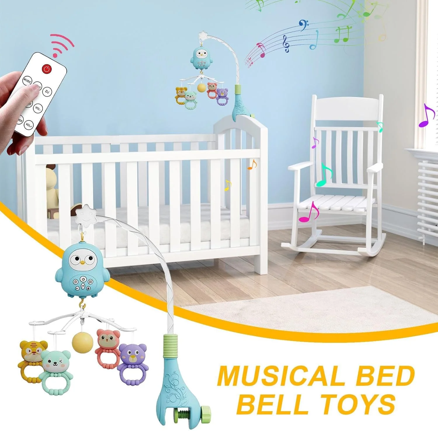 آویز تخت نوزاد - آویز موزیکال تخت نوزاد همراه با چراغ | جغجغه تخت قابل حمل برای تخت کنار تخت کودک دخترانه پسرانه
