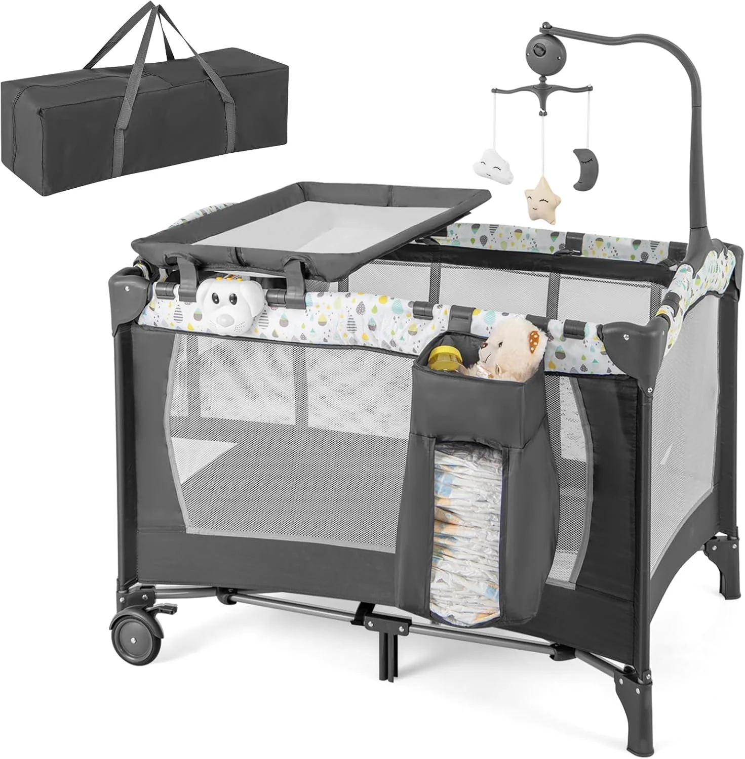 تخت کنار مادر تاشو 3 در 1 COSTWAY، تخت مسافرتی با تشک، آویز اسباب بازی، جعبه موسیقی، میز تعویض و کیف حمل، تخت نوزاد 2 طبقه با چرخ برای نوزادان تا 36 ماه (بژ)