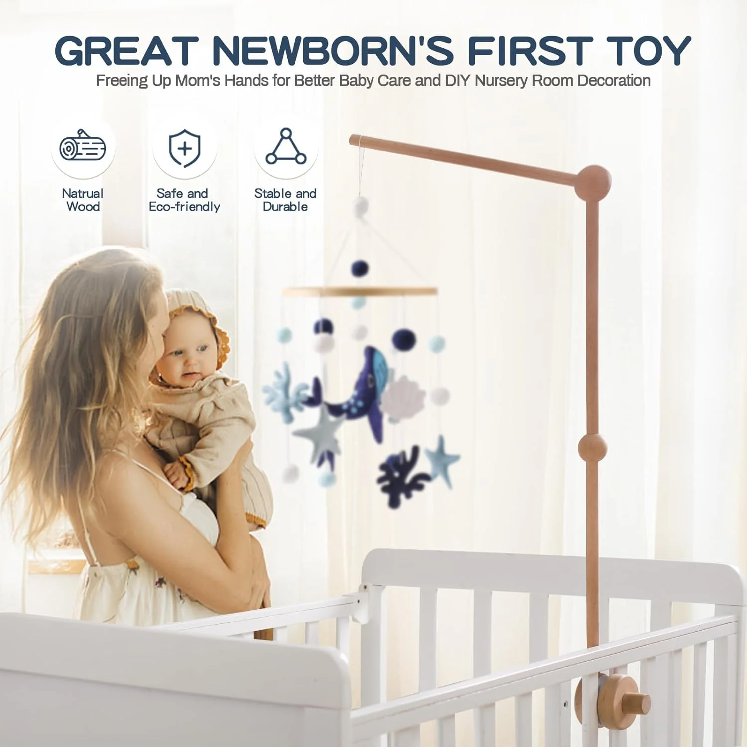 پایه چوبی آویز تخت کودک مامیمامی هوم، نگهدارنده زنگ تخت چوبی برای تخت نوزاد، نگهدارنده آویز برای تخت تعویض و اسباب بازی (بدون آویز)