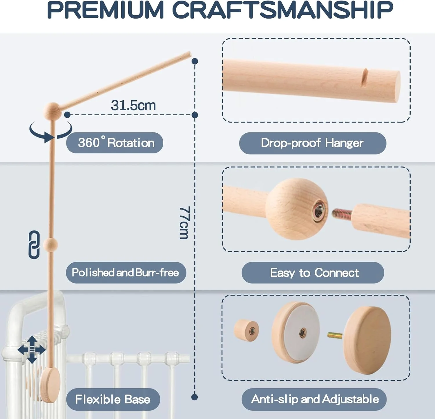 پایه چوبی آویز تخت کودک مامیمامی هوم، نگهدارنده زنگ تخت چوبی برای تخت نوزاد، نگهدارنده آویز برای تخت تعویض و اسباب بازی (بدون آویز)