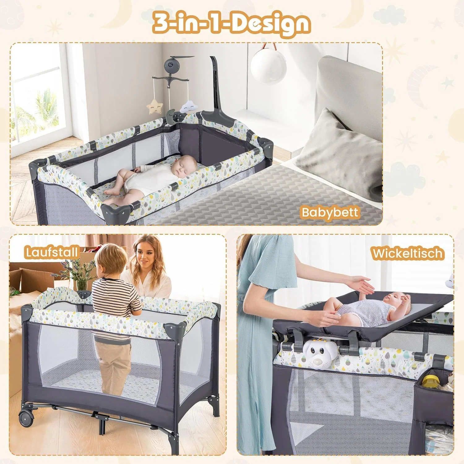 تخت کنار مادر تاشو 3 در 1 COSTWAY، تخت مسافرتی با تشک، آویز اسباب بازی، جعبه موسیقی، میز تعویض و کیف حمل، تخت نوزاد 2 طبقه با چرخ برای نوزادان تا 36 ماه (بژ)