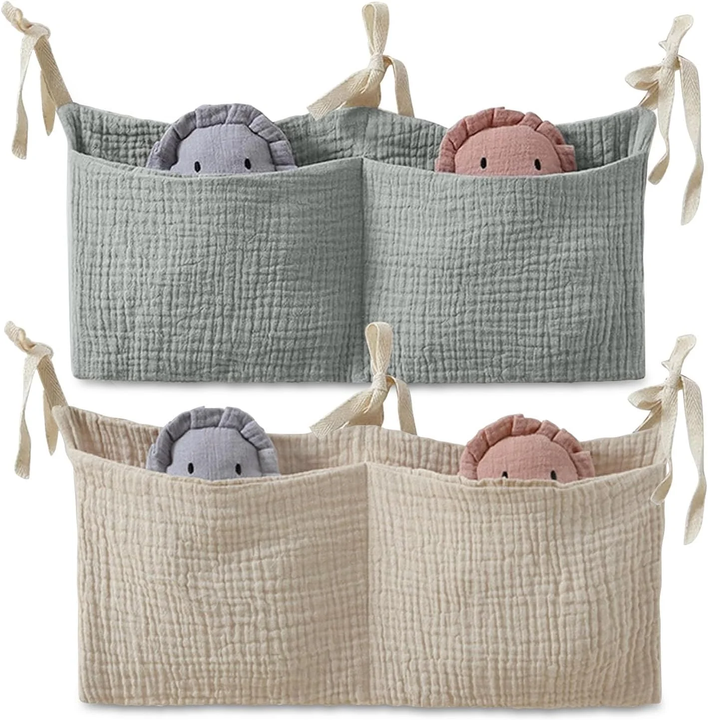 آویز نظم دهنده تخت نوزاد زوکون، 2 تکه، آویز قابل تنظیم تخت نوزاد 2 در 1 برای پوشک، لباس، اسباب بازی، کیف تخت نوزاد (سبز لوبیا + خاکی)