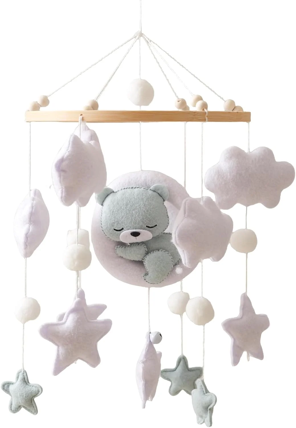 آویز تخت نوزاد با خرس ستاره ای نمدی، نی بامبو طبیعی، آویز بالای تخت نوزاد دخترانه و پسرانه (V، خرس آبی)