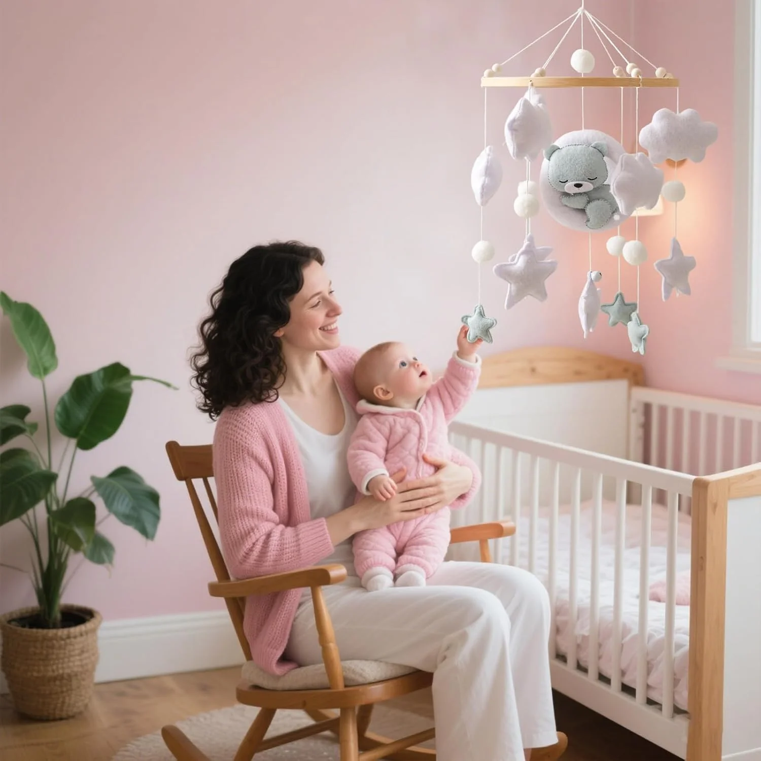 آویز تخت نوزاد با خرس ستاره ای نمدی، نی بامبو طبیعی، آویز بالای تخت نوزاد دخترانه و پسرانه (V، خرس آبی)