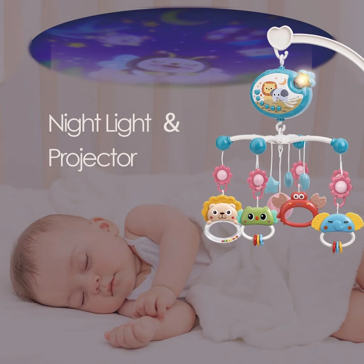 تخت نوزاد با کنترل از راه دور، دارای پروژکتور ستاره ای با قابلیت تنظیم زمان، جعبه موسیقی برای تخت با نور و ملودی، اسباب بازی های جغجغه ای چرخشی برای نوزادان 0-24 ماهه