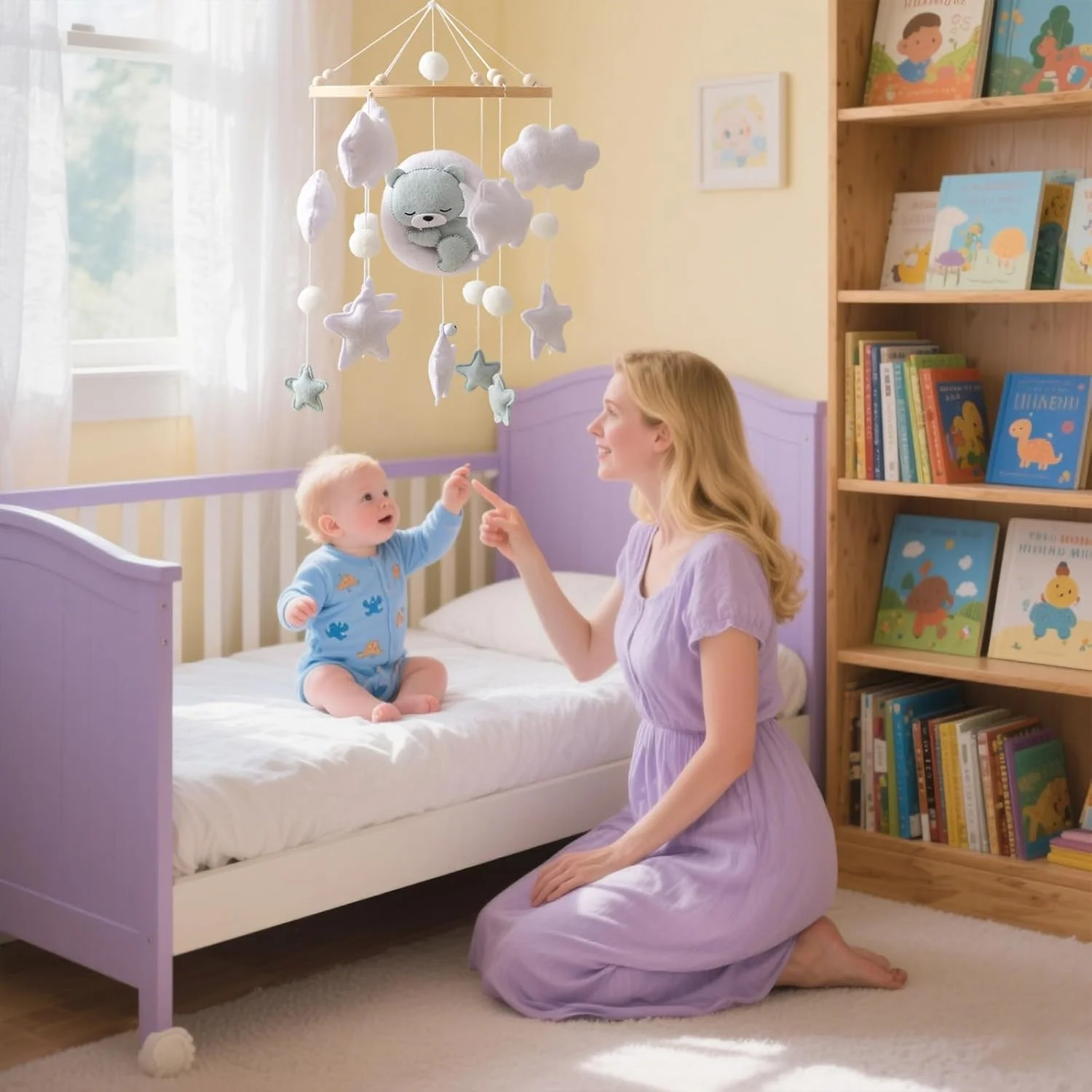 آویز تخت نوزاد با خرس ستاره ای نمدی، نی بامبو طبیعی، آویز بالای تخت نوزاد دخترانه و پسرانه (V، خرس آبی)
