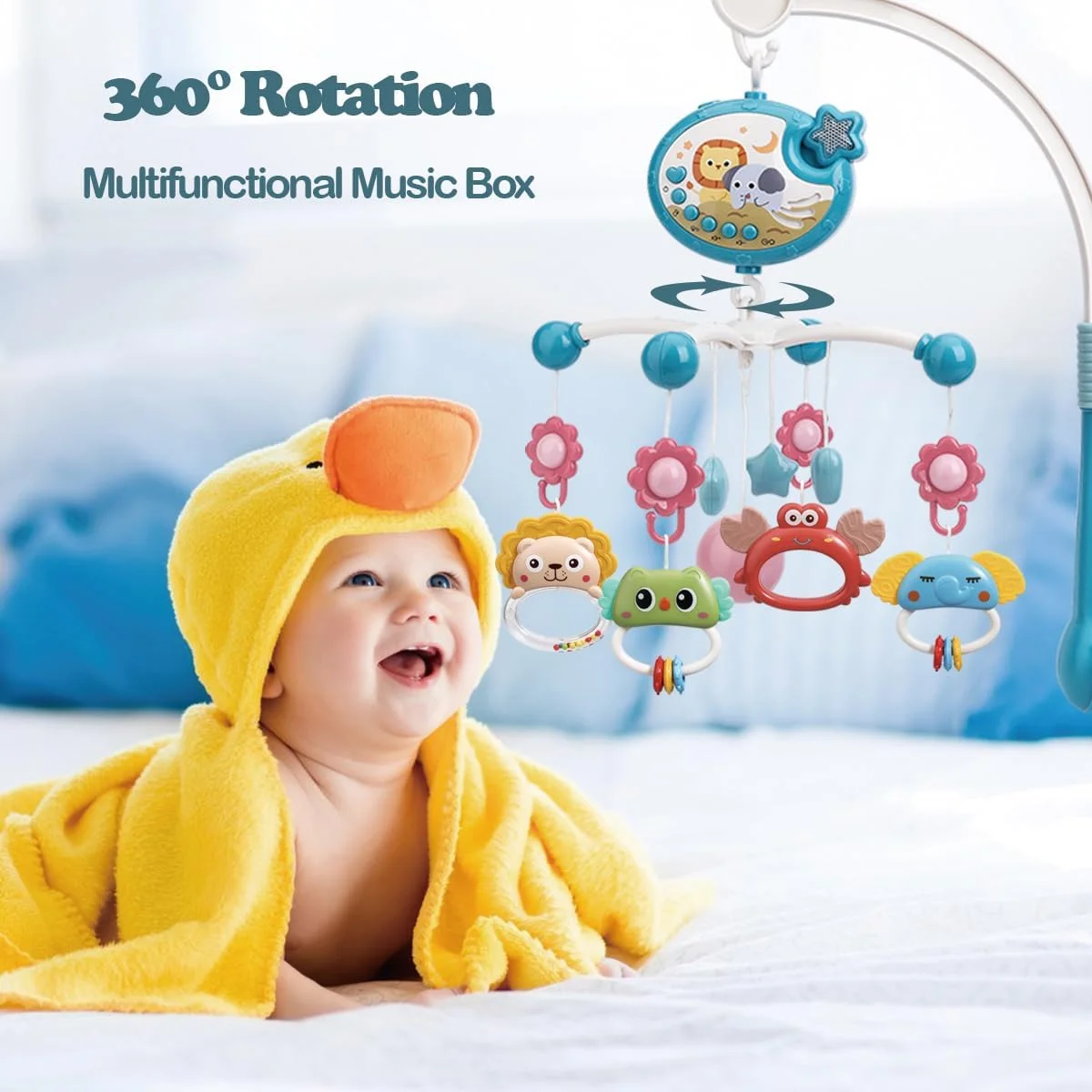 تخت نوزاد با کنترل از راه دور، دارای پروژکتور ستاره ای با قابلیت تنظیم زمان، جعبه موسیقی برای تخت با نور و ملودی، اسباب بازی های جغجغه ای چرخشی برای نوزادان 0-24 ماهه
