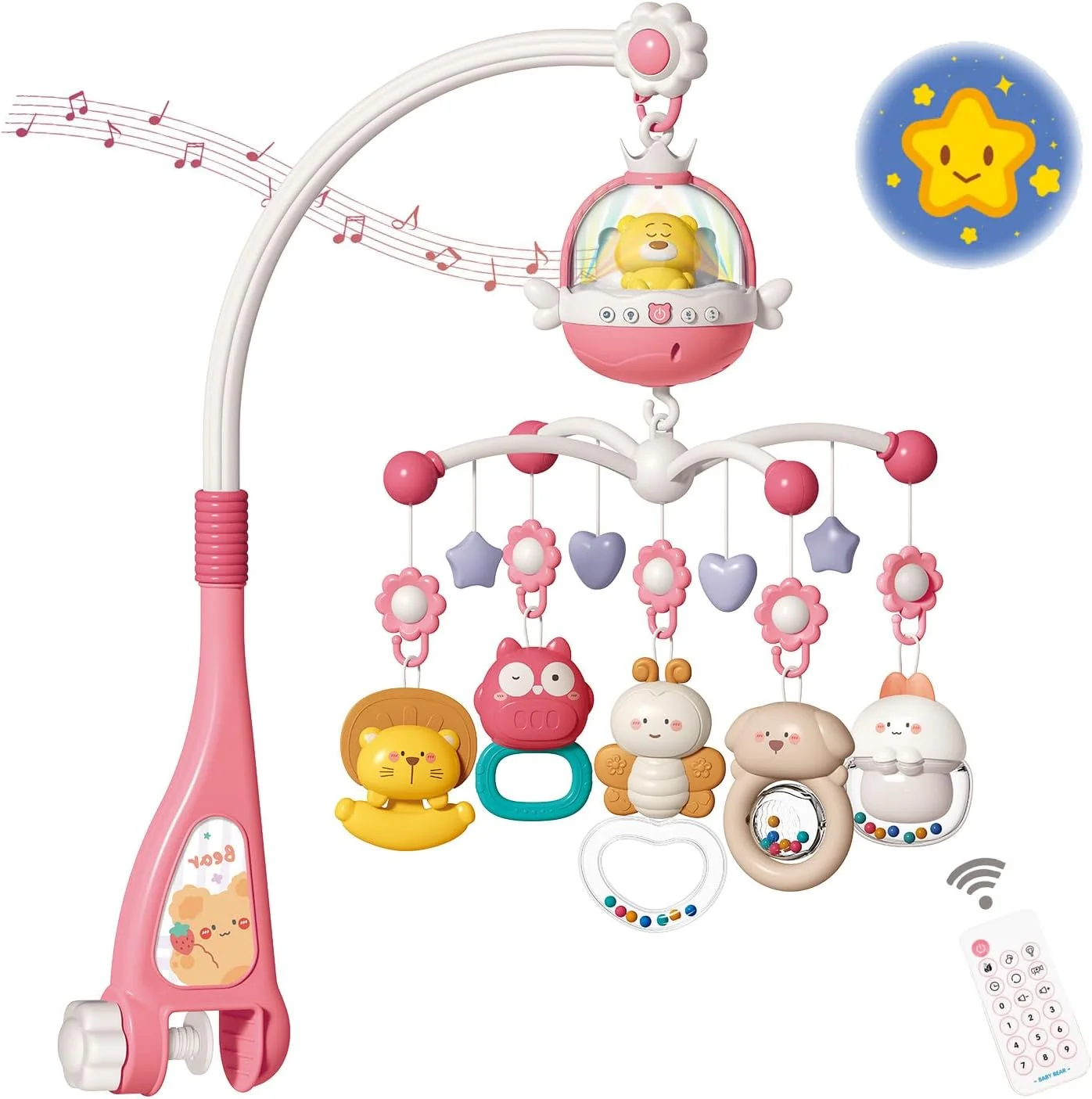 آویز تخت نوزاد با موسیقی و نور، دارای عملکرد پروژکتور و کنترل از راه دور، آویز موزیکال برای نوزادان هدیه نوزادی 0-12 ماه، گیره آویز تخت نوزاد (قرمز)