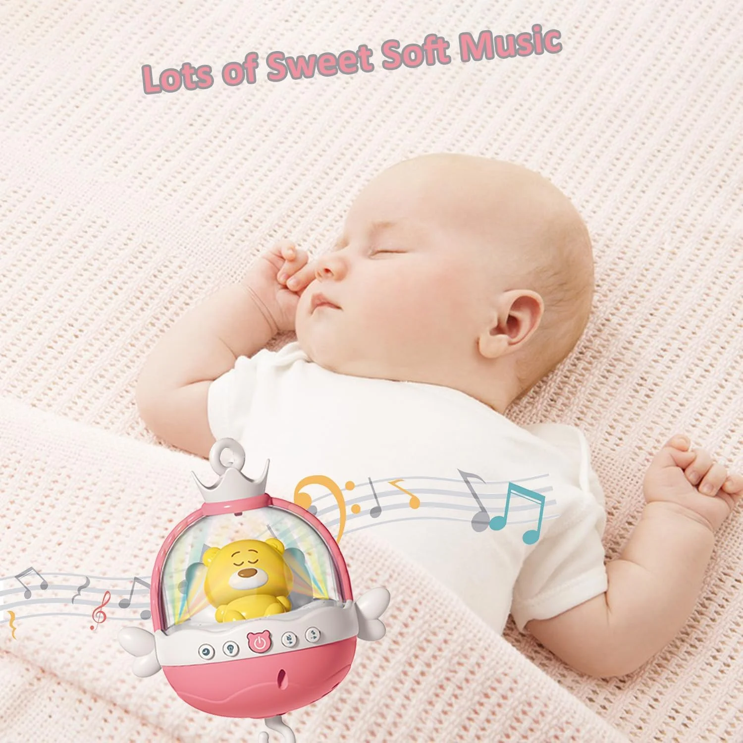 آویز تخت نوزاد با موسیقی و نور، دارای عملکرد پروژکتور و کنترل از راه دور، آویز موزیکال برای نوزادان هدیه نوزادی 0-12 ماه، گیره آویز تخت نوزاد (قرمز)