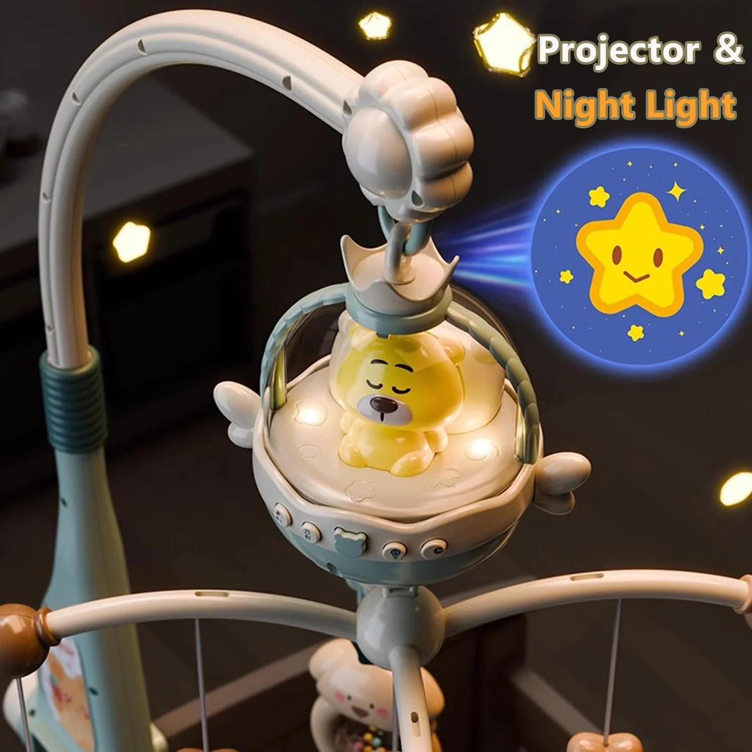 آویز تخت نوزاد با موسیقی و نور، دارای عملکرد پروژکتور و کنترل از راه دور، آویز موزیکال برای نوزادان هدیه نوزادی 0-12 ماه، گیره آویز تخت نوزاد (قرمز)