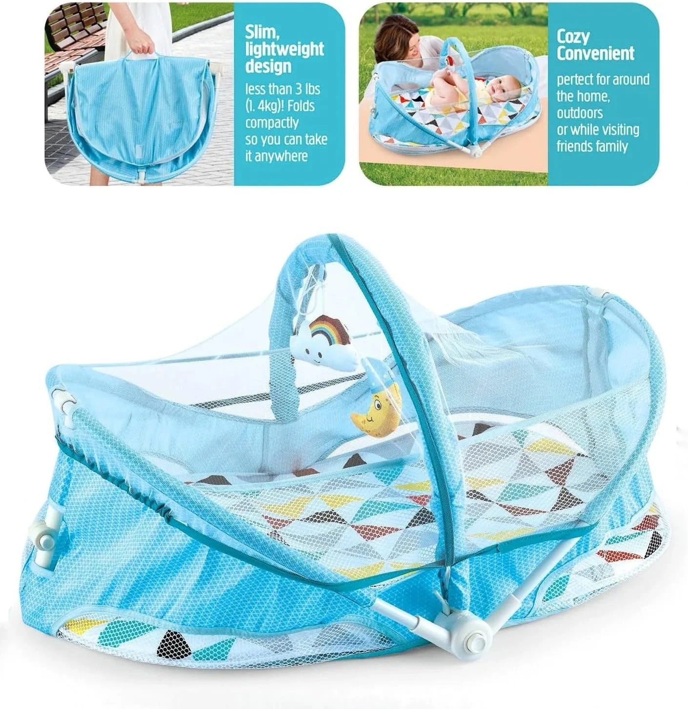 تخت نوزاد با پشه بند - لانه خواب تاشو و قابل حمل برای نوزاد، مناسب سفر و استفاده در منزل - گهواره نرم با سایبان و آویزهای اسباب بازی، تخت خواب توری تنفسی