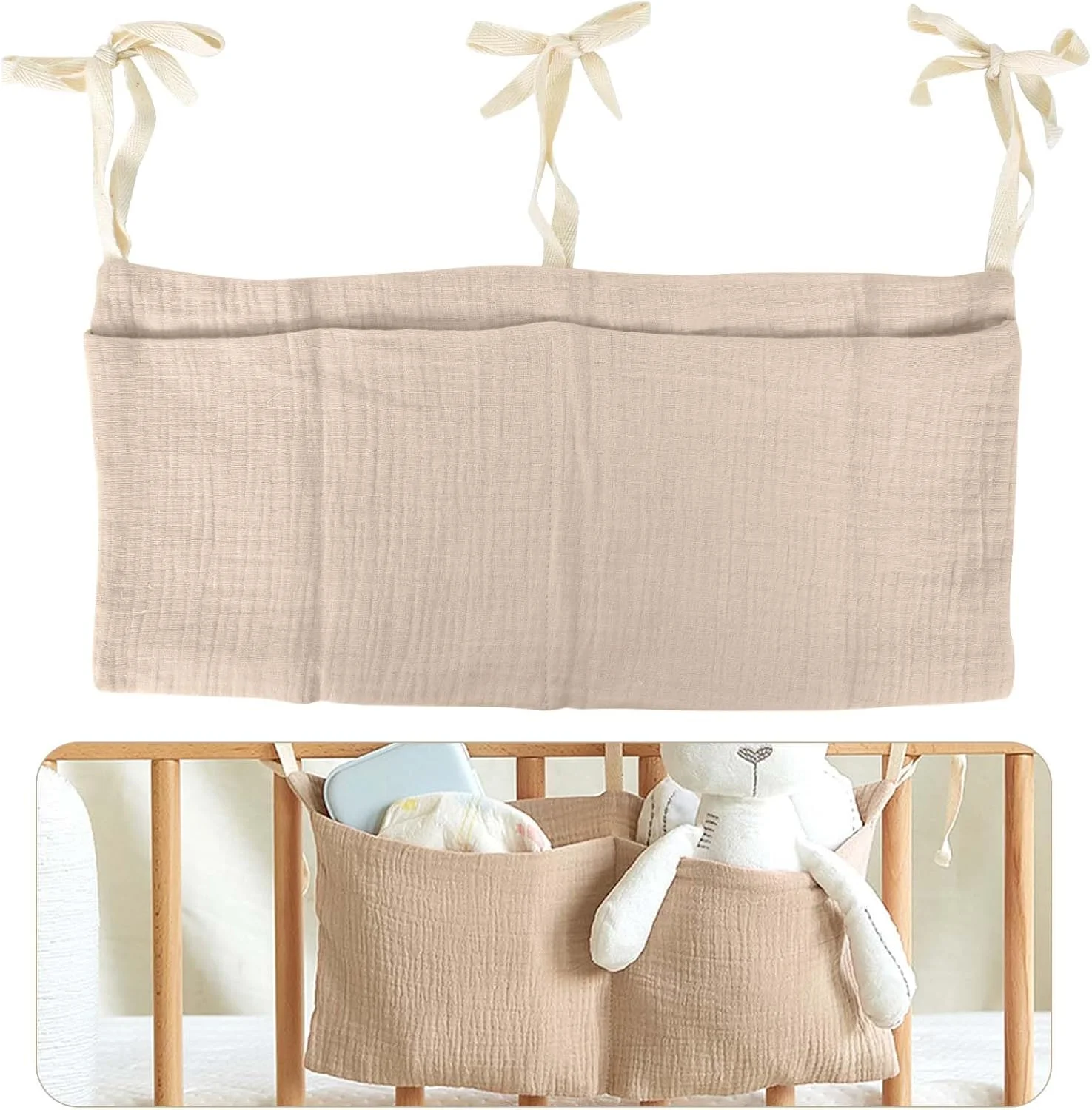 کیف نگهداری کنار تخت کودک، کیف آویز، سازمان دهنده لوازم کودک، کیف آویز کنار تخت کودک با 2 جیب، برای نگهداری لباس، پوشک، اسباب بازی