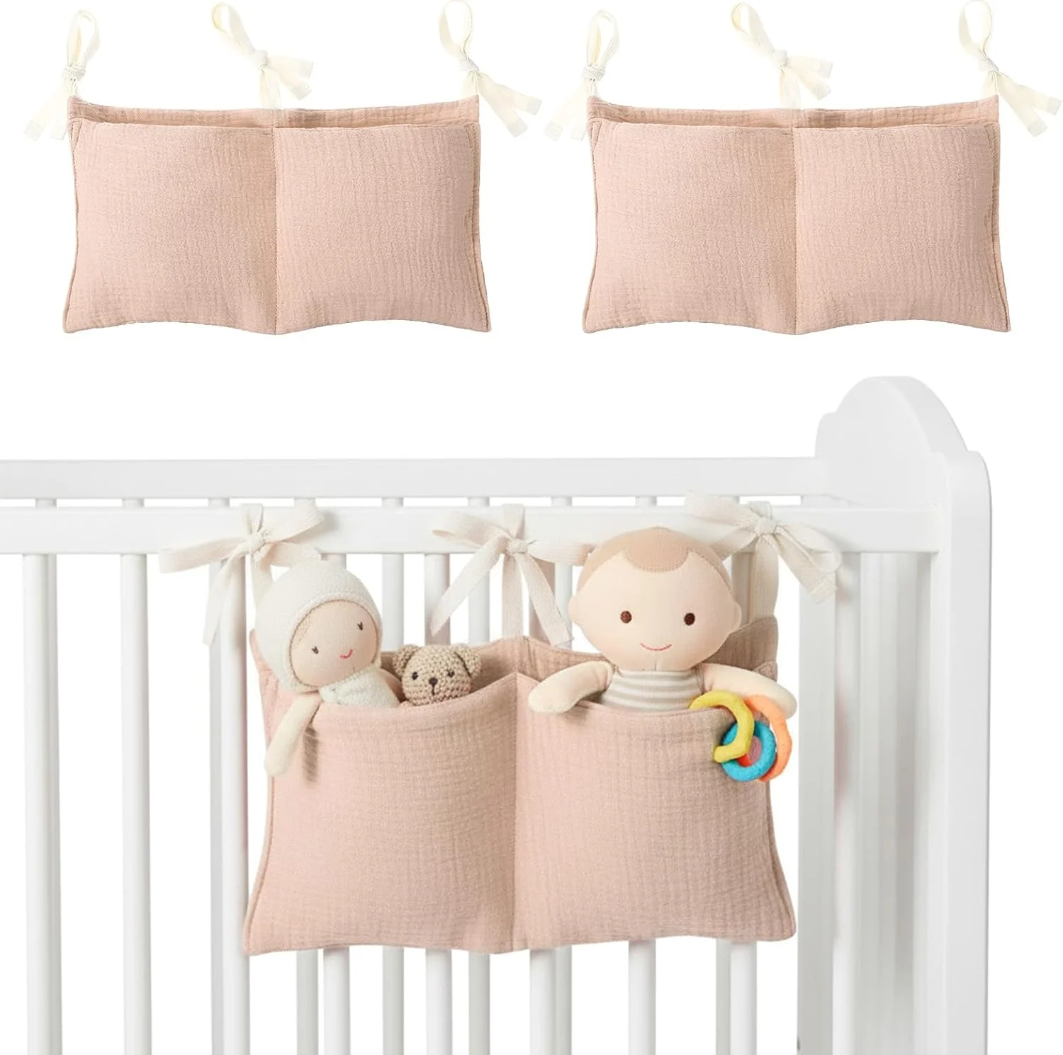 بسته 2 عددی ارگانایزر اتاق کودک، ارگانایزر تخت کودک، آویز با 2 جیب، ارگانایزر آویز اتاق کودک، کیف نگهداری تخت کودک برای پوشک، لباس، اسباب بازی (رنگ پوست)