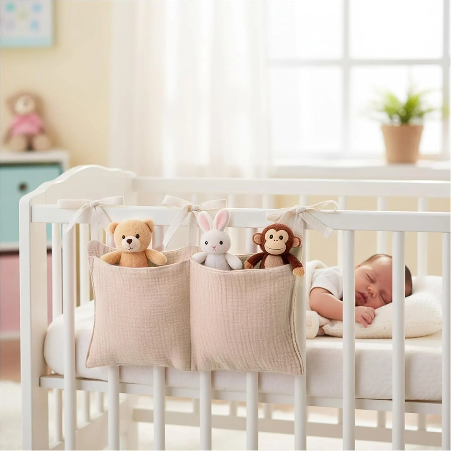 بسته 2 عددی ارگانایزر اتاق کودک، ارگانایزر تخت کودک، آویز با 2 جیب، ارگانایزر آویز اتاق کودک، کیف نگهداری تخت کودک برای پوشک، لباس، اسباب بازی (رنگ پوست)