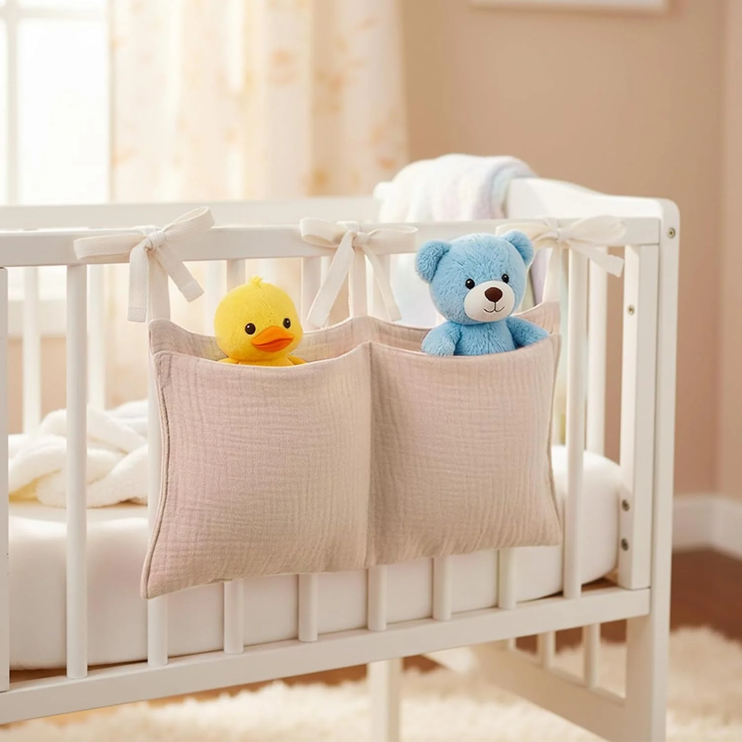 بسته 2 عددی ارگانایزر اتاق کودک، ارگانایزر تخت کودک، آویز با 2 جیب، ارگانایزر آویز اتاق کودک، کیف نگهداری تخت کودک برای پوشک، لباس، اسباب بازی (رنگ پوست)