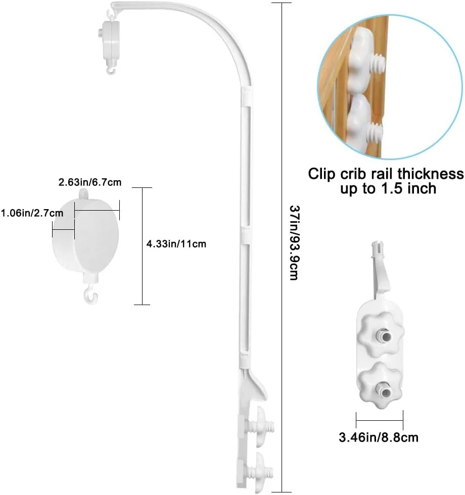 آویز تخت نوزاد ۳۷ اینچی AFUNTA با پایه دو پیچه، جعبه موزیکال، اسباب بازی تزئینی DIY، بازوی آویز قابل تنظیم، ست پایه تخت نوزاد همراه با پیچ و مهره