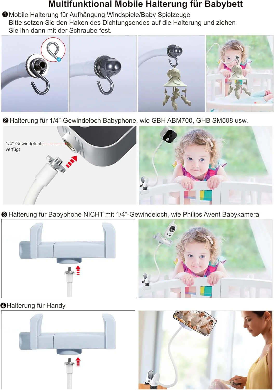 نگهدارنده موبایل برای تخت نوزاد، نگهدارنده چند منظوره 68 سانتی متری، نگهدارنده گیره انعطاف پذیر برای آویزان کردن آویزهای بادی/اسباب بازی، نگهدارنده جهانی مانیتور کودک، نگهدارنده تلفن همراه، تخت نوزاد