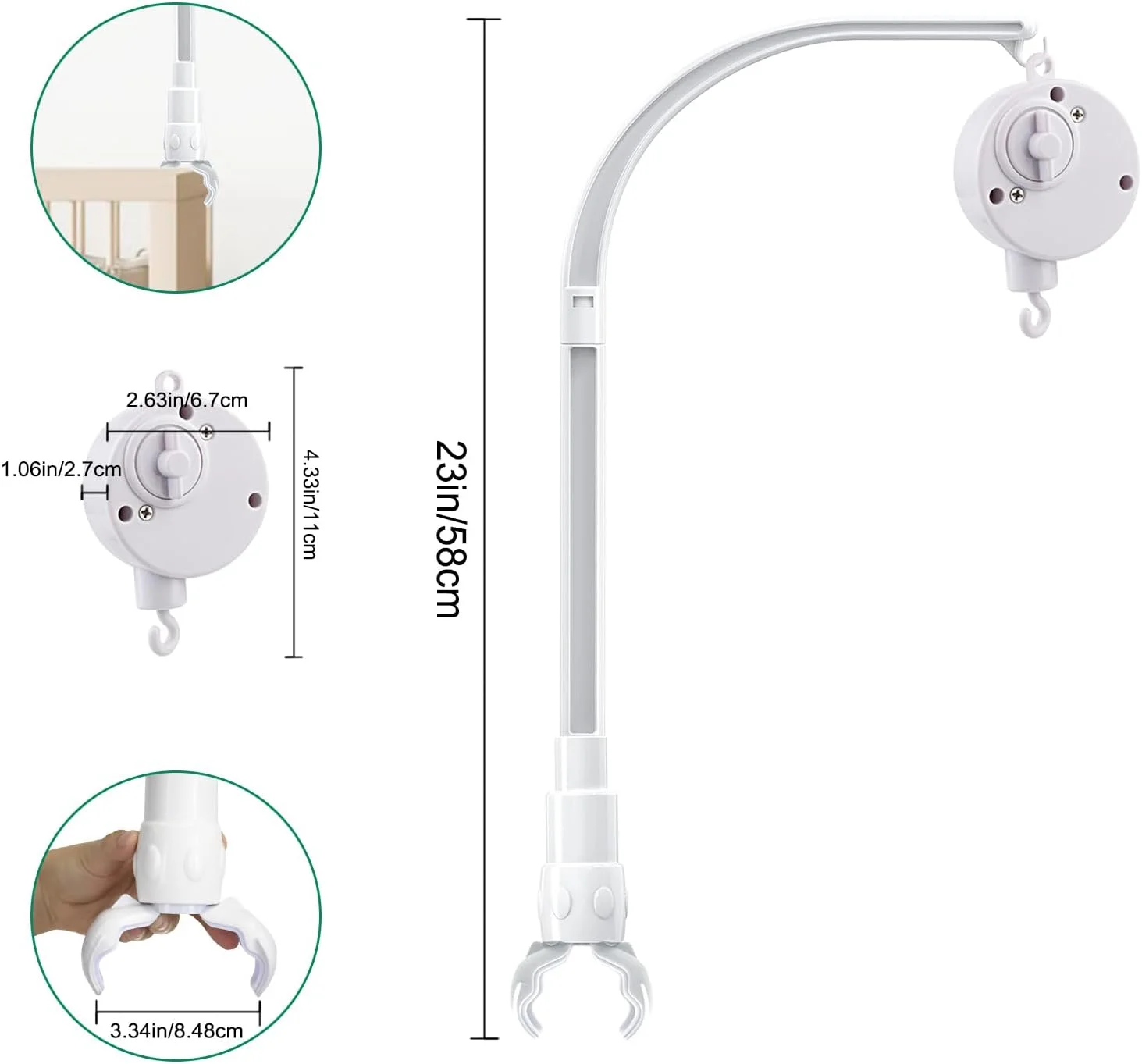 پایه بازویی آویز تخت نوزاد 23 اینچی، به همراه جعبه موزیکال، قسمت گیره قابل تنظیم عرض - دکوراسیون اسباب بازی DIY