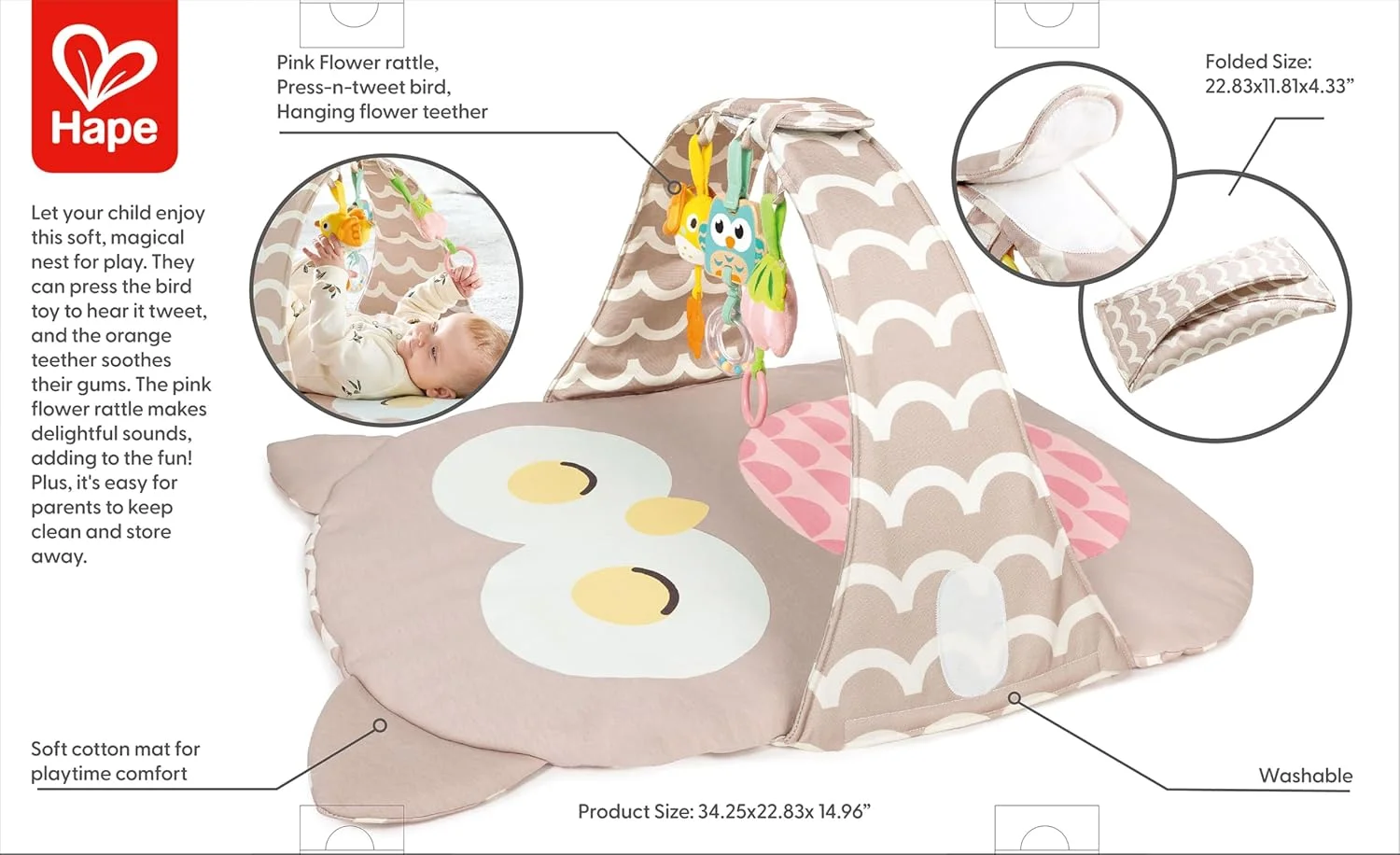 تخت جغد هاپه اسکار | پتوی نرم ساخته شده از پنبه و ست تشک تاشو با اسباب بازی های آویز سرگرم کننده برای نوزادان | جمع و جور و تاشو برای نگهداری آسان