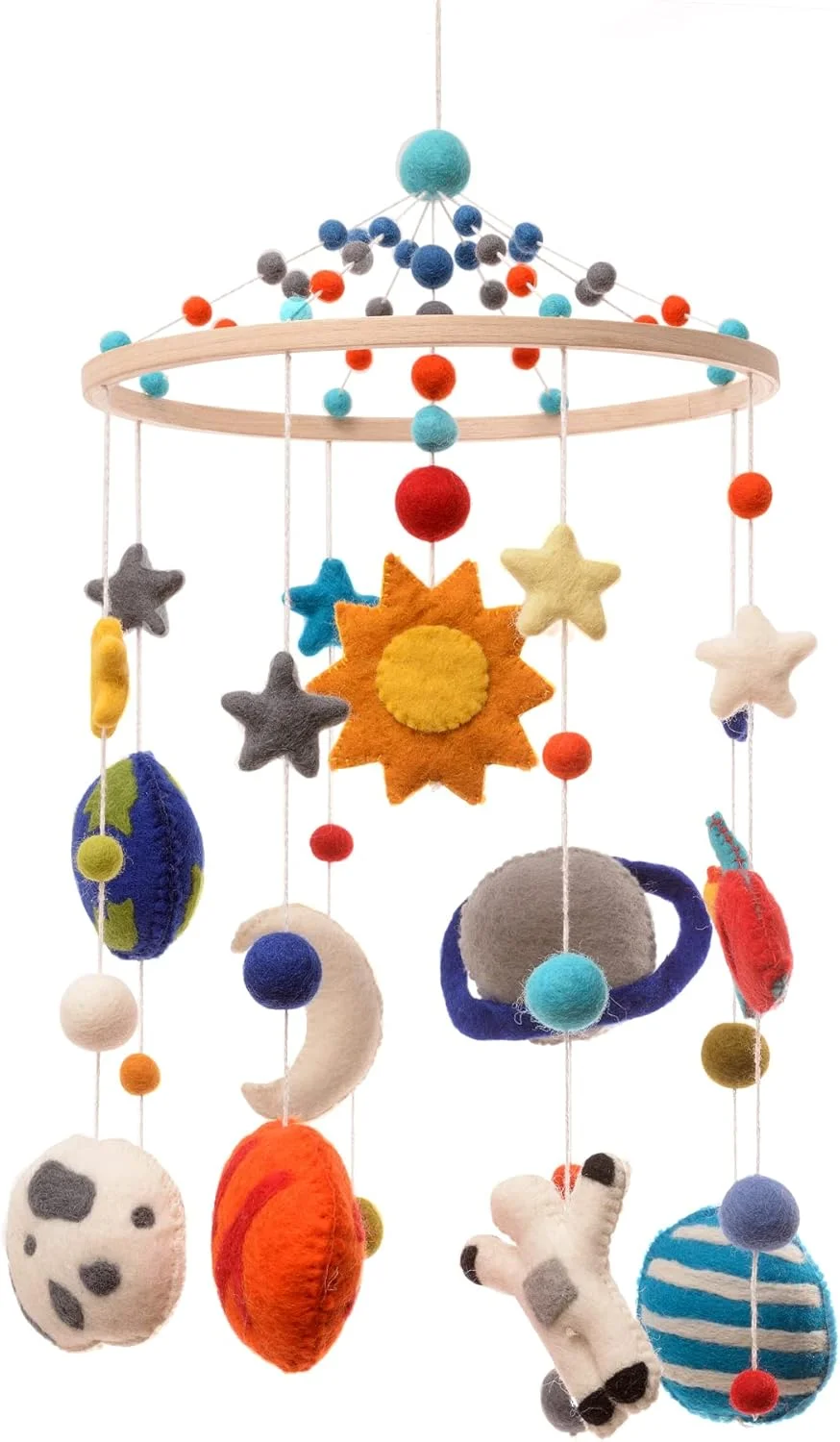 آویز بالای تخت نوزاد طرح فضایی گلاسیارت وان - دکوری رنگارنگ برای تخت نوزاد و اتاق کودک - دست ساز، چوب، نمد پشمی و پنبه ایمن برای کودک - دکوراسیون منظومه شمسی برای دختران و پسران - 25x61 سانتی متر، بند آویز 127 سانتی متر