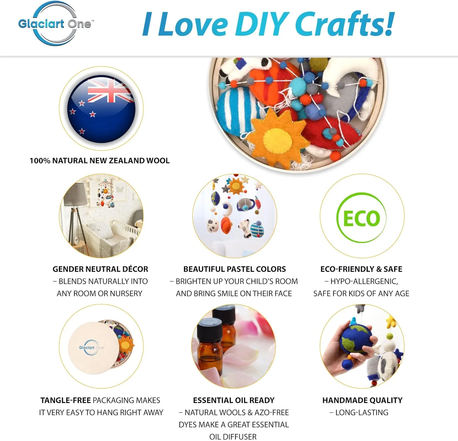 آویز بالای تخت نوزاد طرح فضایی گلاسیارت وان - دکوری رنگارنگ برای تخت نوزاد و اتاق کودک - دست ساز، چوب، نمد پشمی و پنبه ایمن برای کودک - دکوراسیون منظومه شمسی برای دختران و پسران - 25x61 سانتی متر، بند آویز 127 سانتی متر