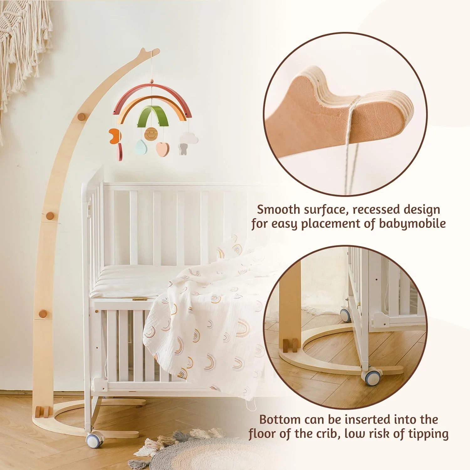 پایه آویز موبایل کودک طرح چوبی زمینی، مناسب تخت نوزاد، میز تعویض، اتاق کودک، قاب چوبی آویز موبایل دست ساز، پایه آویز برای آویزان کردن موبایل، زنگ بادی تخت