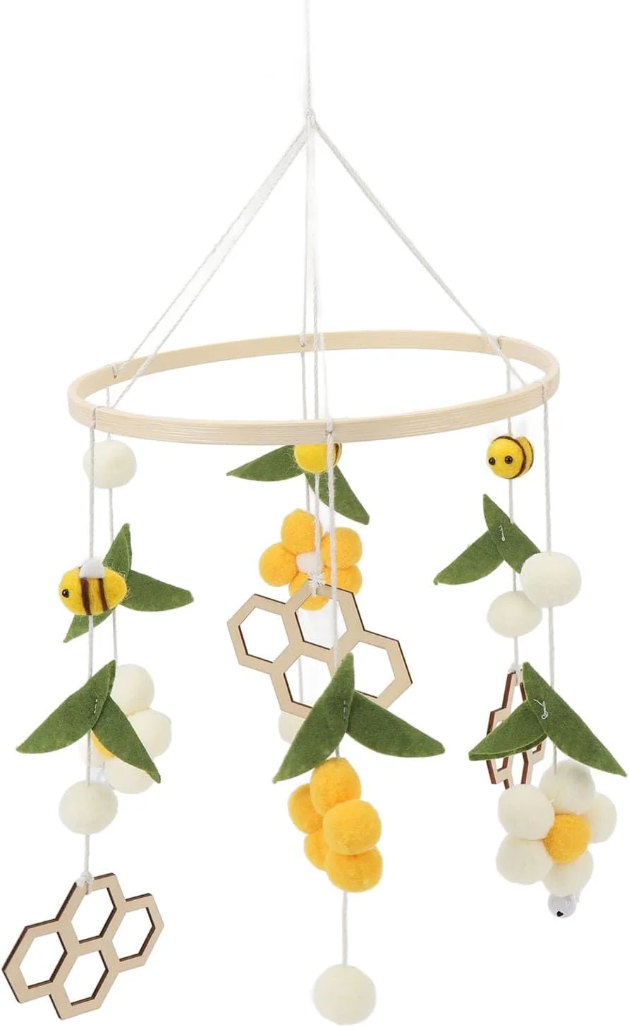 آویز تخت نوزاد سریلیا طرح زنبور، اسباب بازی آویز تخت کودک، دکوراسیون اتاق کودک طرح زنبور و گل، اسباب بازی آرامش بخش، آویز تزئینی نرم