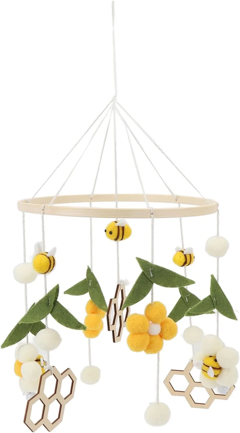 آویز تخت نوزاد سریلیا طرح زنبور، اسباب بازی آویز تخت کودک، دکوراسیون اتاق کودک طرح زنبور و گل، اسباب بازی آرامش بخش، آویز تزئینی نرم