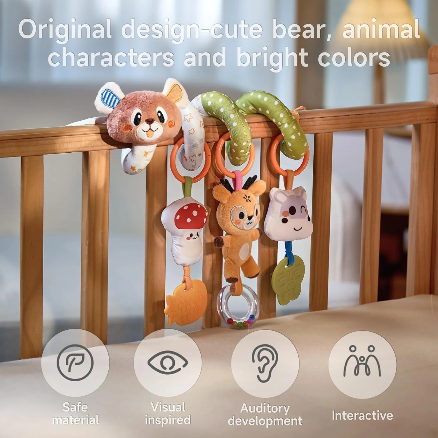 اسباب بازی آویز مارپیچی خرس توماما - اسباب بازی حسی تحریک کننده به همراه جغجغه مناسب برای نوزاد از بدو تولد تا 12+ ماهگی